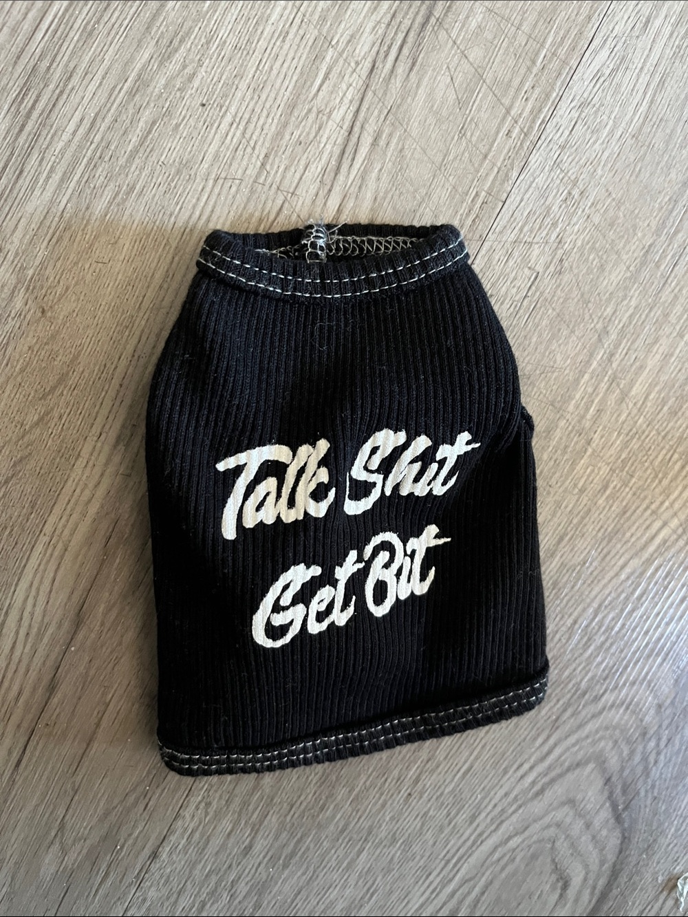 Black Ribbed Dog Tee with White Script - 'Talk Shit Get Bit'